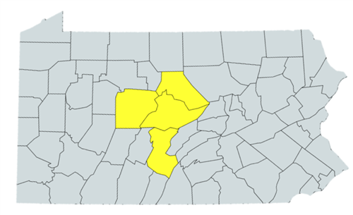 A map of PA with Clearfield, Clinton, Centre, and Huntington County filled in to represent CIU 10's Galaxy Region